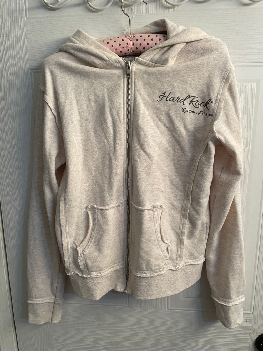 Hard Rock Cafe Cream Zip Hoodie with Polka Dot Lining